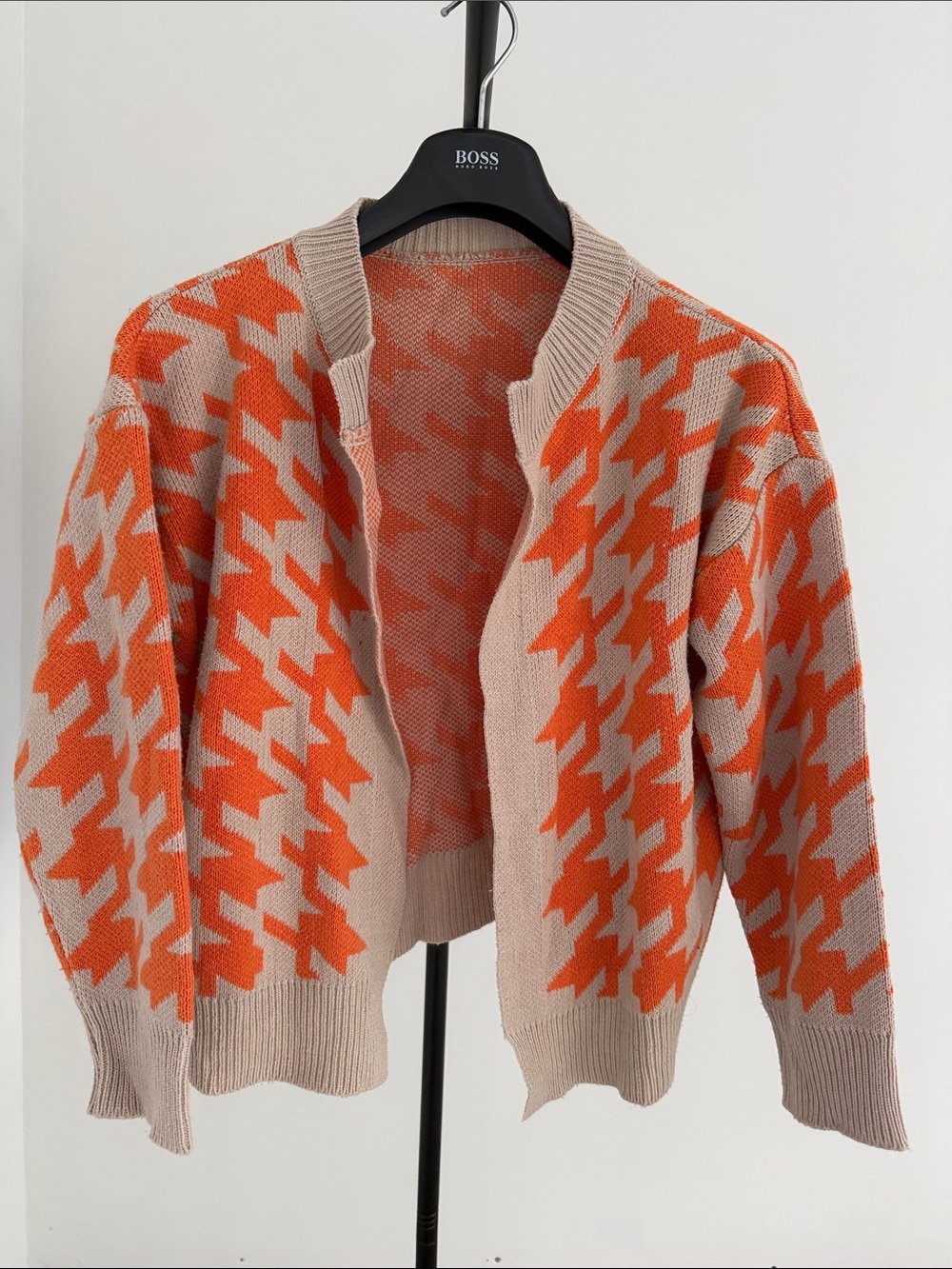 Y2K Orange & Beige Houndstooth Open-Front Cardigan